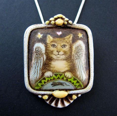 Angel Cat With Mouse Scrimshaw Technique Pin Pendant Brooch Etsy