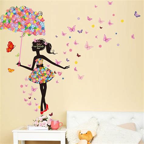Wallpark Colorful Flower Butterfly Fairy Girl Holding Flower Umbrella