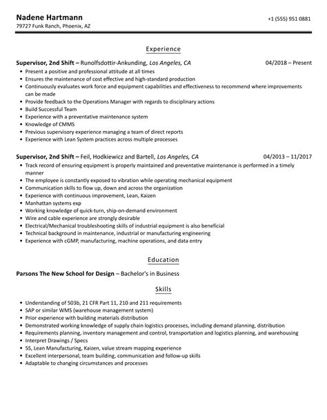 Supervisor, 2nd Shift Resume Samples | Velvet Jobs