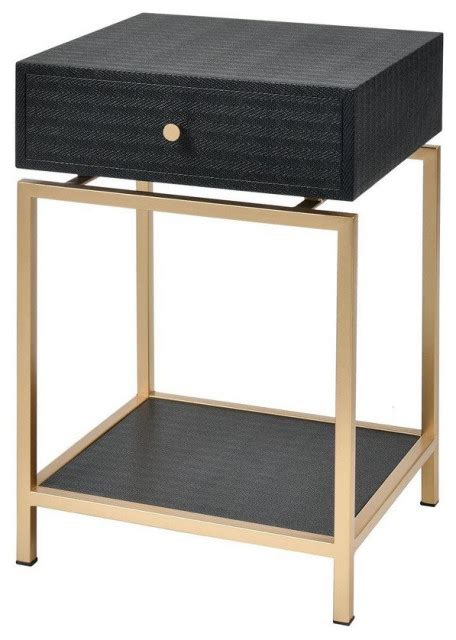 Industrial 1 Drawer Faux Shagreen Wrap And Metal Accent Table In Gold