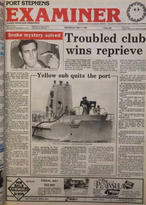 The Front Page Of The Port Stephens Examiner On May 7 1986 Port