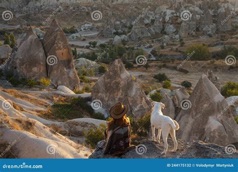 A Young Woman Tourist In A Hat And Dog Sit On A Mountain And Looks At