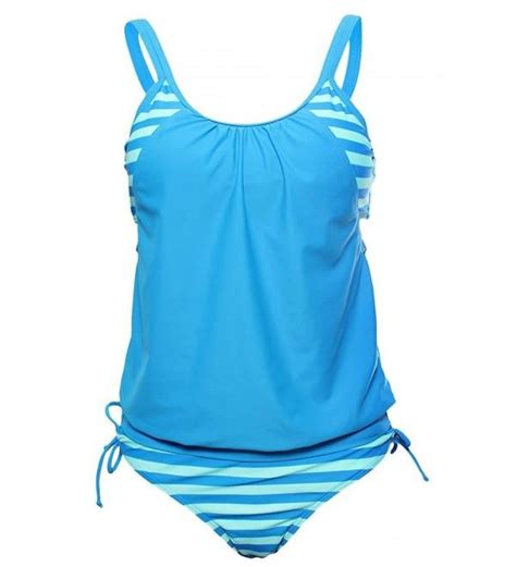 Womens Chic Stripes Lined Up Double Up Tankini Top Swimsuit Set Blue
