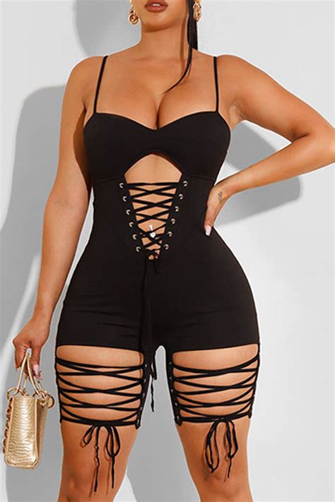 Fashion Black Fashion Sexy Solid Bandage Hollowed Out Backless Spaghetti Strap Skinny Romper For