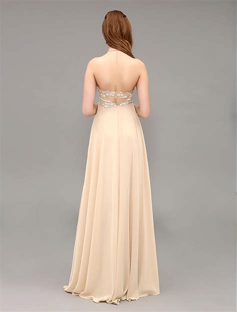Champagne Chiffon Floor Length Evening Dress With Applique Bodice