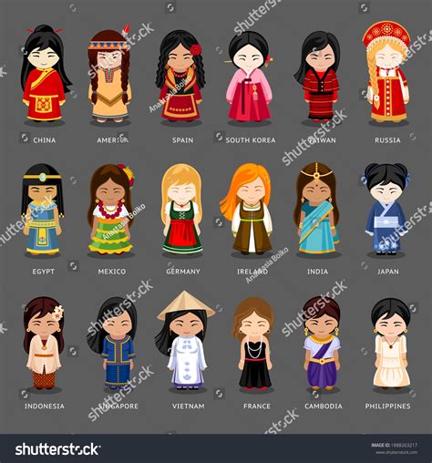 Cartoon Girls Different National Costumes Vector Stock Vector Royalty