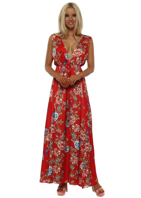 Frime Summer Red Floral Print Maxi Dress