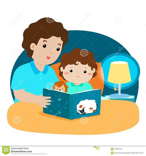 father reading bedtime story to his daughter funny cartoon characters vector illustration