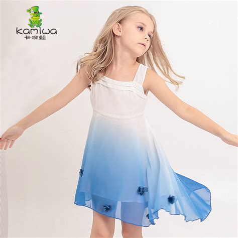 Girl Summer Beach Dress Chiffon Gradiente Blue Brand Princess Dress