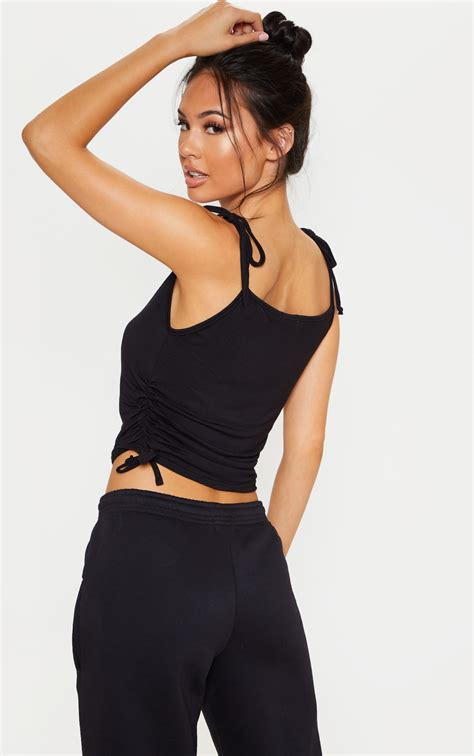 Black Jersey Tie Ruched Side Crop Top Tops Prettylittlething Ie