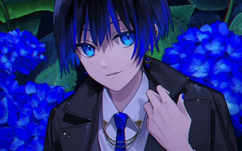 Wallpaper Earring Blue Hair Anime Boy Shoujo Smiling Suit