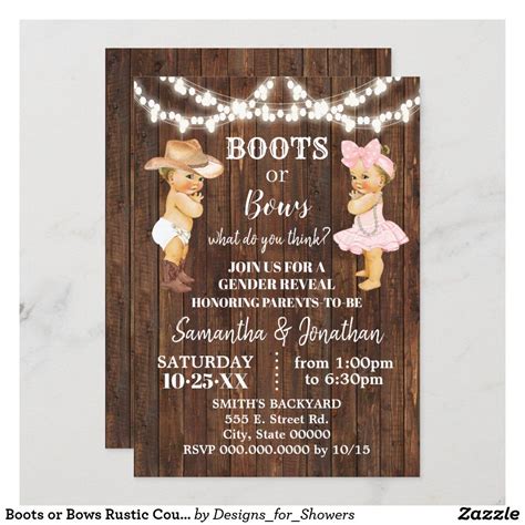 Boots Or Bows Rustic Country Gender Reveal Invitation Country Gender