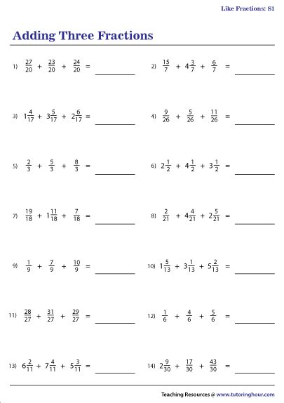 Adding Three Fractions Worksheets