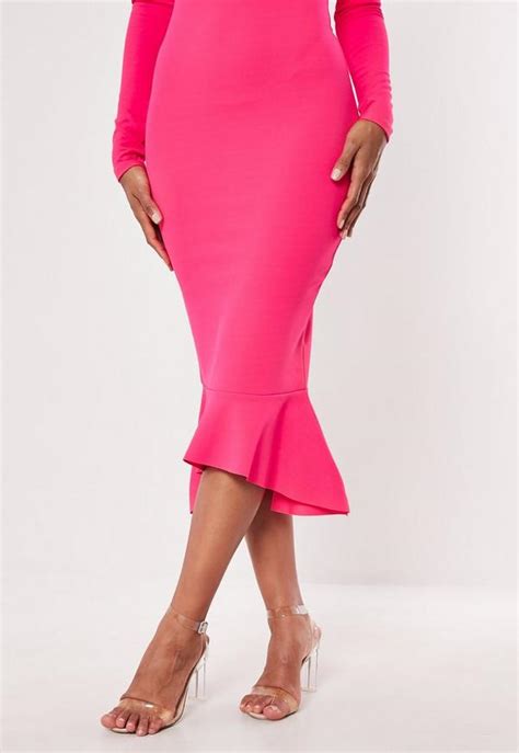 Hot Pink Bardot Fishtail Bodycon Midi Dress Missguided