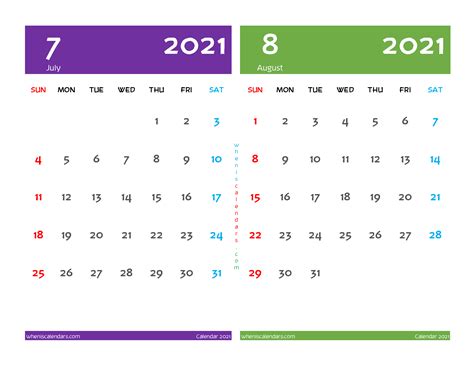 Free July August 2021 Printable Calendar 12 Templates