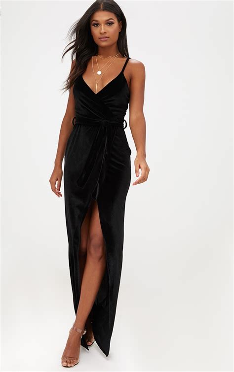 Black Velvet Plunge Wrap Maxi Dress Dresses Prettylittlething Aus