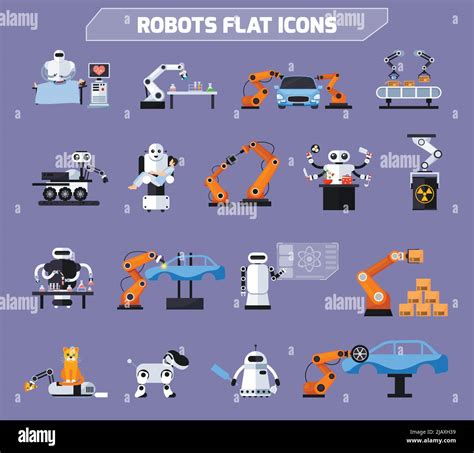 Robots Icons Set With Technology Symbols Flat Isolated Vector