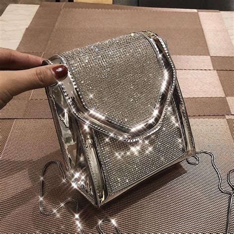 Silver Mini Chain Bag Sparkly Rhinestones Lady Purses Handbags