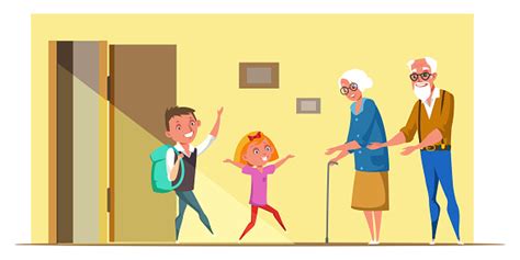 Kids Visit Grandparents Flat Vector Illustration Stock Illustration