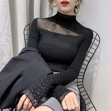 fall winter 2020 latest lace half turtleneck bottoming shirt top slim fit long sleeve pullover