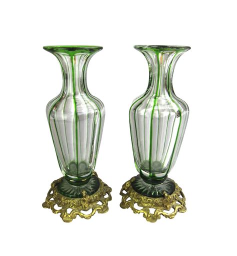Pair Of Bohemian Glass Green Cut To Clear Vases With Gilt Bronze Bases 19th Century