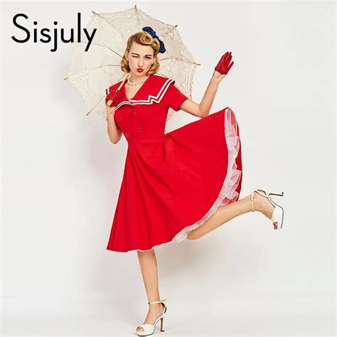 sisjuly 1950s summer navy jurken vintage dresses for women vestidos retro elegant red sailor