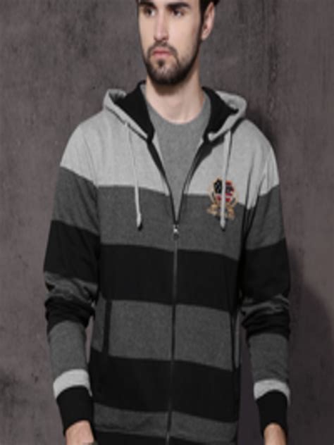 Buy Roadster Men Grey And Black Striped Hooded Sweatshirt Sweatshirts