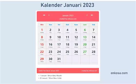 Kalender Bulan Januari 2023 Lengkap