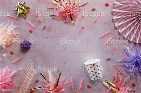 Birthday Party Accessories On Pink Background Stock Photo Download