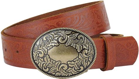 Womens Western Tooled Leather Belt With Round Floral Design Buckle