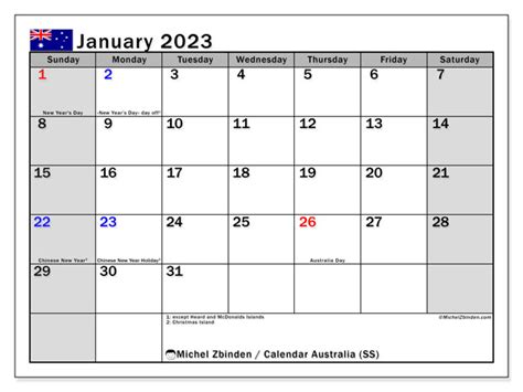 Australia January 2023 Calendar With Holidays Images