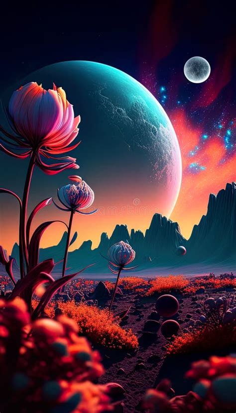 Alien Flowers Landscape On Mysterious Planet With Huge Moons In Sky