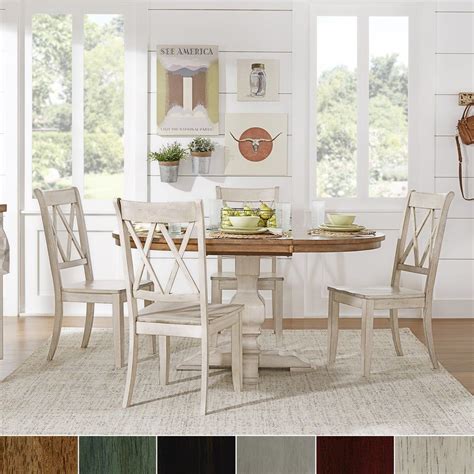 A traditional dining table set inspired by the farmhouse antique furniture look. Eleanor Antique White Solid Wood Oval Table w X Back Chairs 5-piece Dining Set by iNSPIRE Q ...