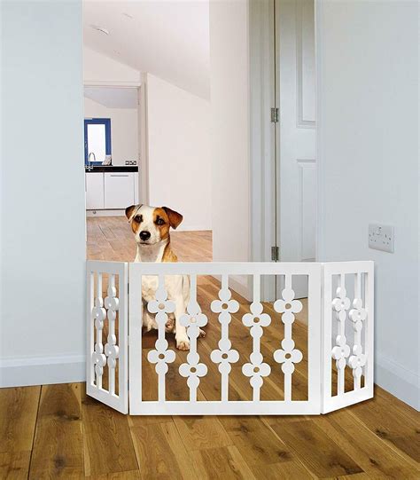 White Floral Wood Pet Dog Gate Foldable Adjustable 3 Section