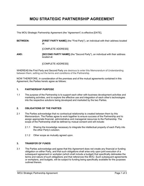 Mou Business Partnership Agreement Template