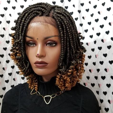 Handmade Box Braid Braided Lace Front Wig With Curly Ends Etsy Coiffure Cheveux Naturels