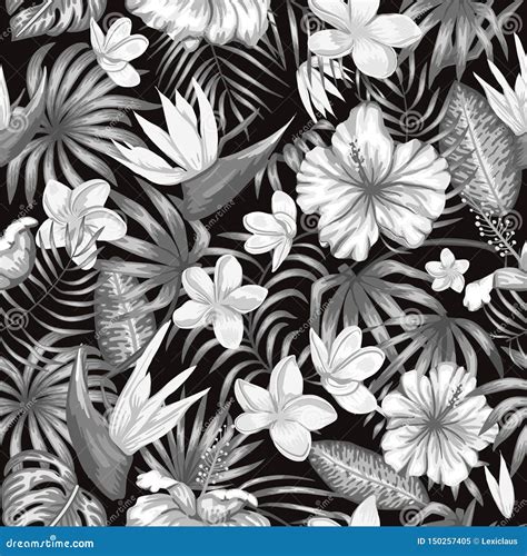 Vector Seamless Pattern Of Monochrome Tropical Leaves Stock Vector