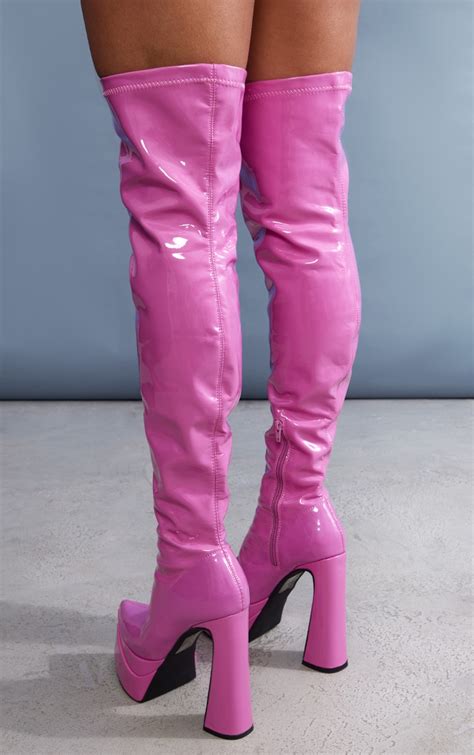Hot Pink Pu Platform Heel Over The Knee Boots Prettylittlething Usa