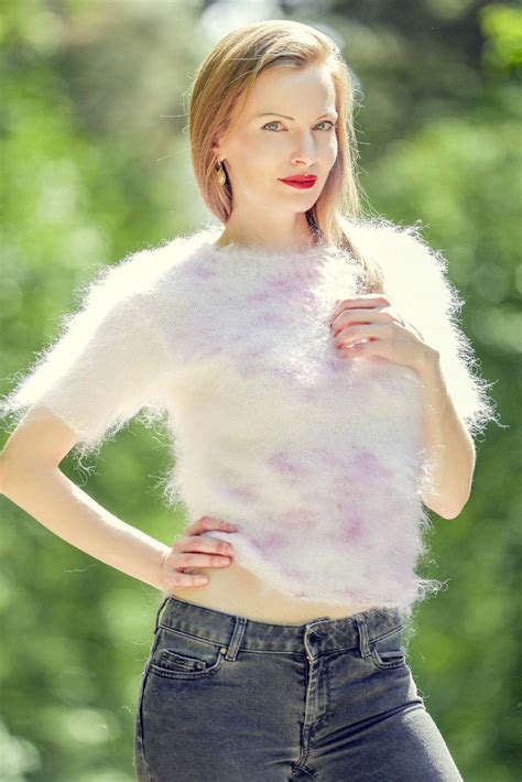 Cropped Pink White Fuzzy Mohair Sweater Supertanya Supertanya