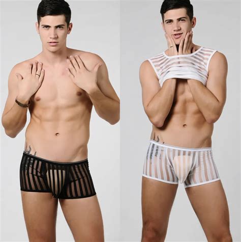 New Men S Underwear Man Sexy Seethrough Mesh Stripe Fashion Boxer Trunks Shorts S M L Xl