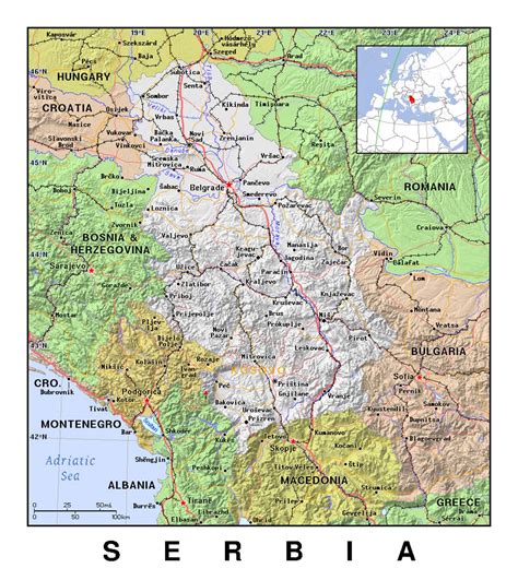 Detailed Political Map Of Serbia With Relief Serbia Europe Mapsland Maps Of The World