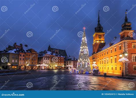 Warsaw Castle Square During The Christmas Holidays At Night Stock