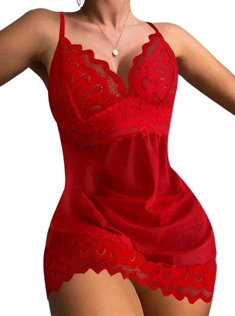 Hilinker Womens Sexy Lingerie V Neck Nightwear Satin Sleepwear Lace Chemise Red Medium At