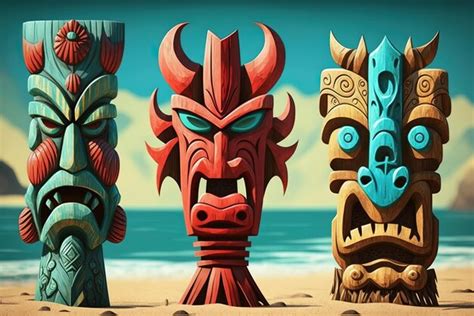 Premium Ai Image Totems Idols And A Tiki Mask Made Of Wood Along The Shore