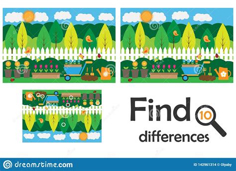 Find 10 Differences, Game for Children, Garden Cartoon, Education Game ...