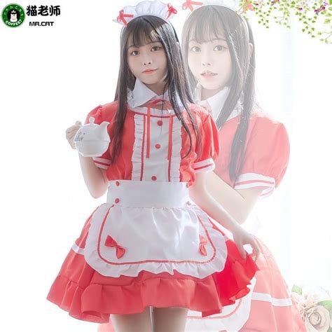 Women Japanese Cat Maid Costume Dress Cosplay Halloween Uniform Chest