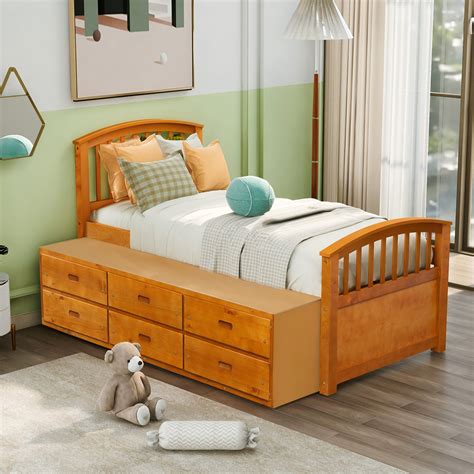 Twin Size Platform Storage Bed Solid Wood Bed With 6 Drawers Oak Cool