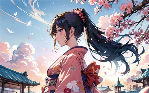 Download Wallpaper 3840x2400 Girl Profile Kimono Sakura Anime 4k