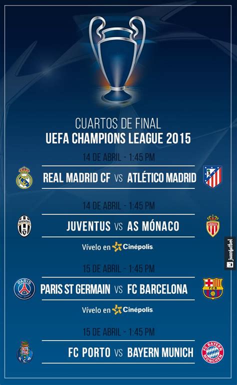 If you are looking for other champions league scores and results (first division. Fecha y hora de los cuartos de final de la Champions League