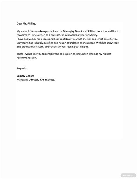 Letter Of Recommendation From Professor Template